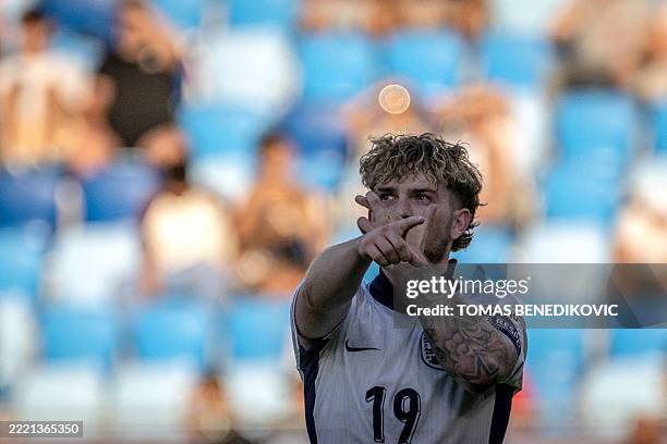 England's forward Harvey Elliott celebrates after scoring the 2-1 goal during the UEFA U21 European Championship semi-final football match between...