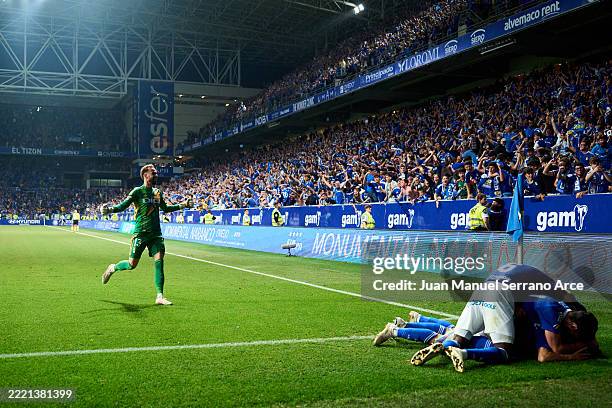 Francisco Portillo of Real Oviedo celebrates after scoring his team's third goal during the LaLiga Hypermotion Play Off FInal 2nd Leg match between...
