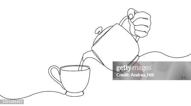 teapot pouring tea into a cup single line drawing banner - tea time stock illustrations