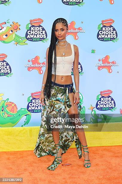 Tyla attends the 2025 Nickelodeon Kids' Choice Awards at Barker Hangar on June 21, 2025 in Santa Monica, California.