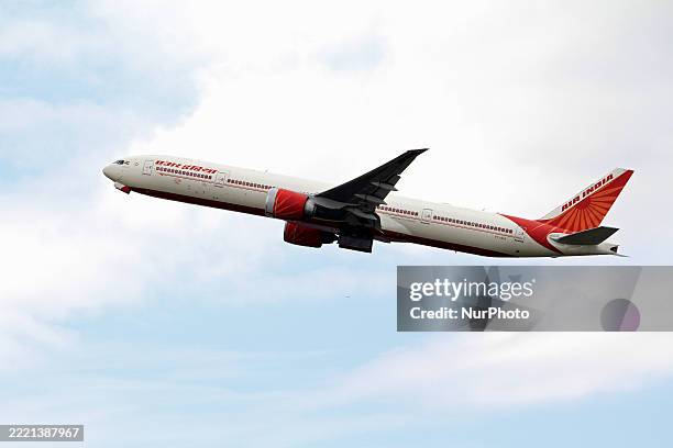 An Air India aircraft departs Toronto Pearson International Airport for the United Arab Emirates in Mississauga, Ontario, on June 25, 2025.