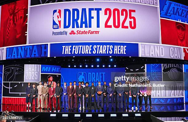 The 2025 NBA Draft prospects pose for a portrait before the 2025 NBA Draft - Round One on June 25, 2025 at Barclays Center in Brooklyn, New York....