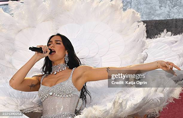 Dua Lipa performs onstage during her Radical Optimism tour at Anfield on June 25, 2025 in Liverpool, England.