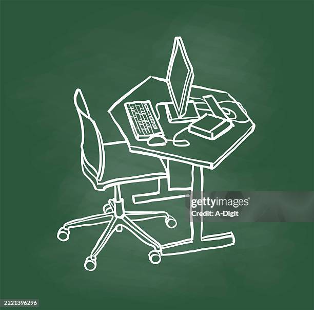 librarycomputerchalkboard - desk aerial view stock illustrations