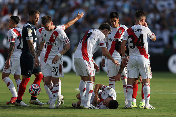 Gonzalo Montiel of CA River Plate appears to be injured during the FIFA Club World Cup 2025 group E match between CA River Plate and CF Monterrey at...