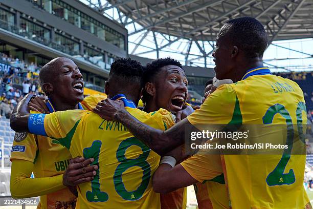 Lucas Ribeiro of Mamelodi Sundowns FC celebrates with teammates after scoring a goal in the first half during the FIFA Club World Cup 2025 group F...