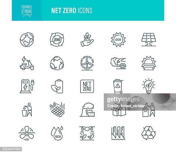 ilustraciones, imágenes clip art, dibujos animados e iconos de stock de trazo editable del icono net zero - huella de carbono