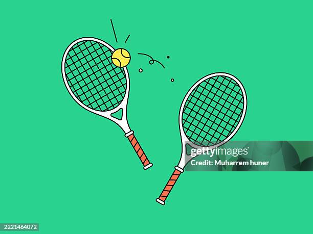 illustrazioni stock, clip art, cartoni animati e icone di tendenza di racchette da tennis minime e illustrazione vettoriale della palla su sfondo verde - racchetta da tennis