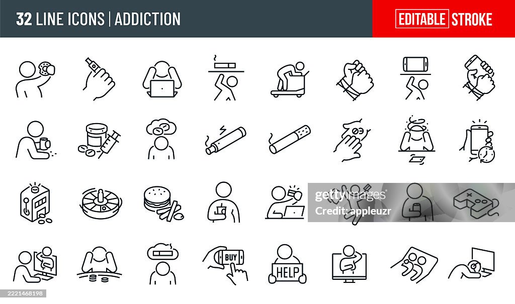 Addictions Thin Line Icons - Editable Stroke - Icons Include Food Addiction, Smoking Addiction, Exercise Addiction, Mobile Phone Addiction, Opioid Addiction, Drug Addiction, Smoking Addiction, Gambling Addiction, Gaming Addiction, Shopping Addiction