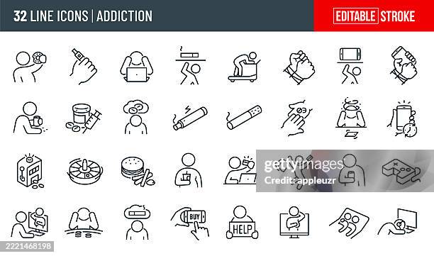 addictions thin line icons - editable stroke - icons include food addiction, smoking addiction, exercise addiction, mobile phone addiction, opioid addiction, drug addiction, smoking addiction, gambling addiction, gaming addiction, shopping addiction - drug addiction icons stock illustrations