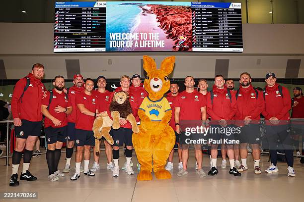 Members of the British & Irish Lions squad pose on arrival in Australia ahead of their 2025 Tour, at Perth Airport on June 22, 2025 in Perth,...