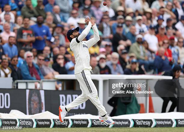 Ravindra Jadeja of India fields the ball and then throws it to Sai Sudharsan who takes the catch to dismiss Jamie Smith of England during Day Three...