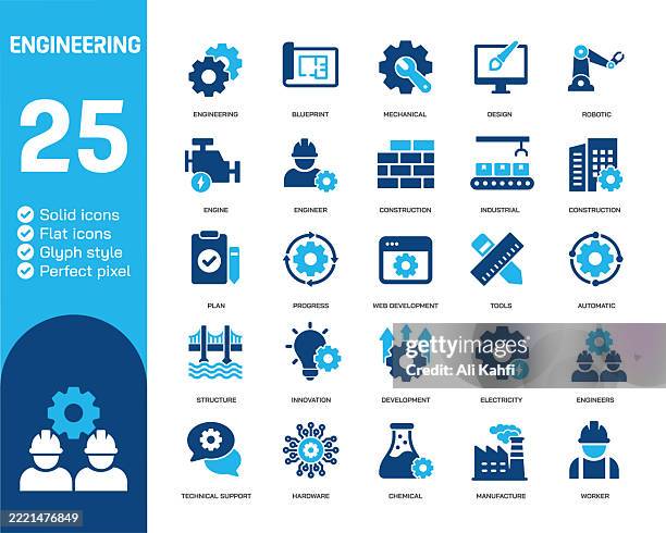 engineering glyph solid icons. containing manufature, construction, engine, architect solid icons collection. vector illustration. perfect pixel on clean white background - engineering-design-process-diagram stock illustrations