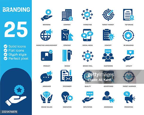 branding glyph solid icons. containing marketing, advertisement, brand solid icons collection. vector illustration. perfect pixel on clean white background - adulation stock illustrations