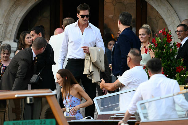Football player Tom Brady gets on a taxi boat at the Gritti Palace Hotel ahead of the wedding of Amazon's founder Jeff Bezos with Lauren Sanchez in...