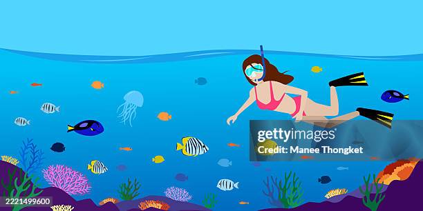 frauen im rosa bikini genießen das schnorcheln und schwimmen, um das tropische korallenriff unter dem meerwasser zu erkunden. mädchen mit blauer maske und schnorchel, schwimmend mit bunten meeresfischen unter ozean unter wasser. reisender, der erstaunlic - schnorchel stock-grafiken, -clipart, -cartoons und -symbole