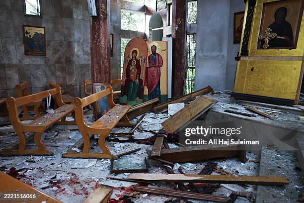 Destruction is seen inside the Mar Elias Church following a blast on June 22, 2025 in Damascus, Syria. A suspected suicide bombing has killed at...