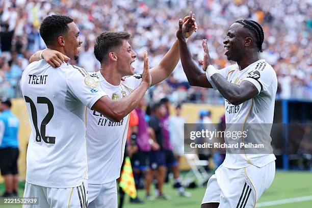 Arda Gueler of Real Madrid C. F. Celebrates scoring his team's second goal with Trent Alexander-Arnold and Vinicius Junior during the FIFA Club World...