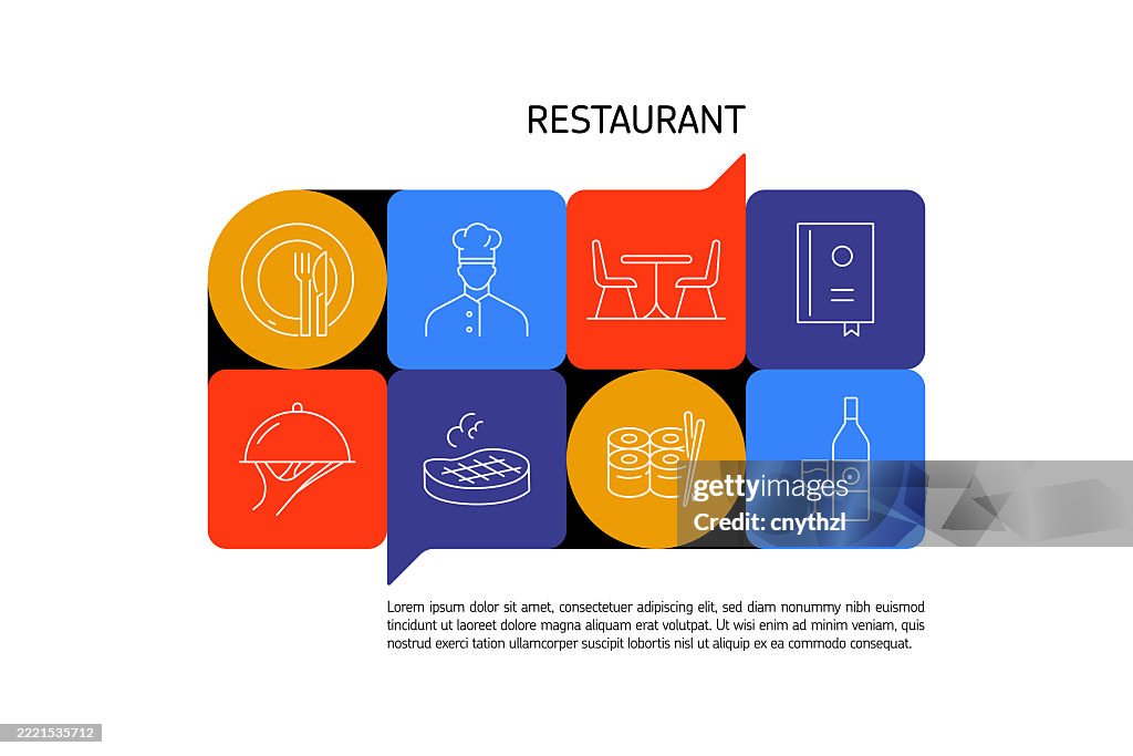 Restaurant and Food Concept Banner Design. Chef, Menu, Serving, Bar, Cutlery.