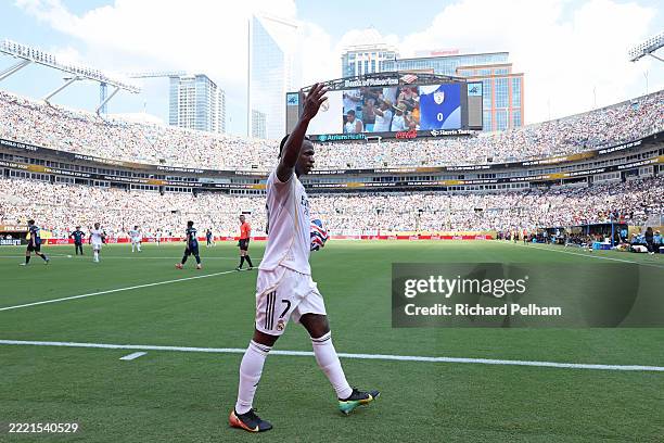 Vinicius Junior of Real Madrid C. F. Acknowledges the fans as he goes to take a corner kick during the FIFA Club World Cup 2025 group H match between...