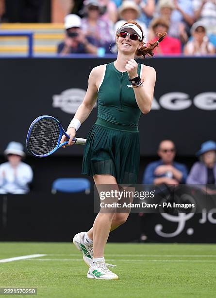 Maya Joint celebrates victory in the Women's Singles Semi-final match against Anastasia Pavlyuchenkova on Centre Court during day five of the Lexus...