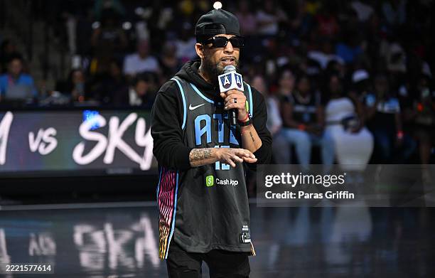 Singer J. Holiday performs at halftime during the game between the Chicago Sky and the Atlanta Dream at Gateway Center Arena on June 22, 2025 in...