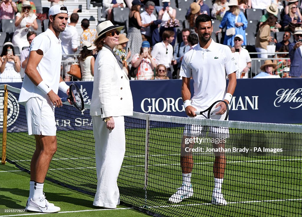 Karen Khachanov and Novak Djokovic ahead of their match during day