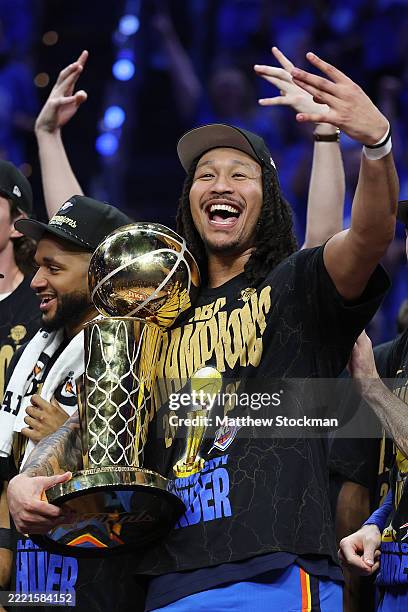 Jaylin Williams of the Oklahoma City Thunder celebrates after defeating the Indiana Pacers 103-91 in Game Seven of the 2025 NBA Finals at Paycom...