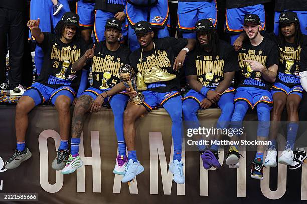 The Oklahoma City Thunder celebrate after defeating the Indiana Pacers 103-91 in Game Seven of the 2025 NBA Finals at Paycom Center on June 22, 2025...