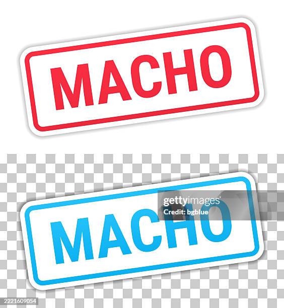 macho - red and blue labels on blank background - arrogant stock illustrations
