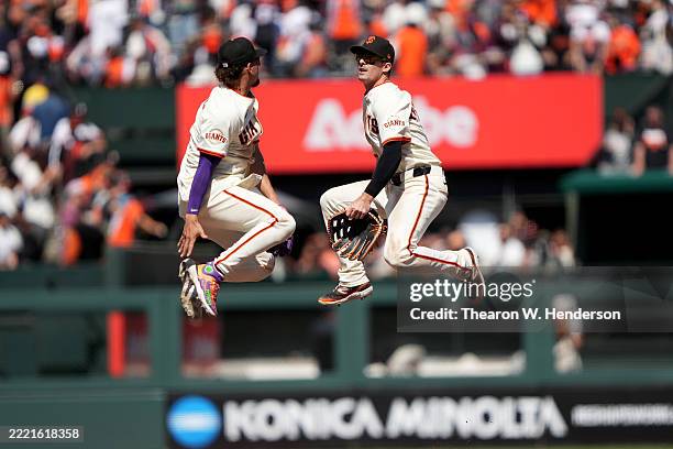 Willy Adames and Mike Yastrzemski of the San Francisco Giants celebrates defeating the Boston Red Sox 9-5 at Oracle Park on June 22, 2025 in San...