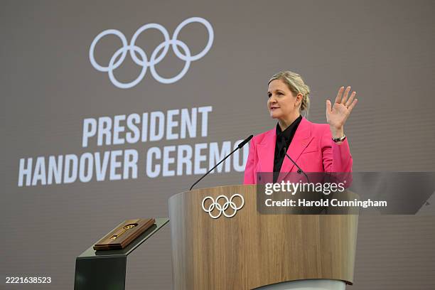 International Olympic Committee President Kirsty Coventry speaks during the International Olympic Committee presidential handover ceremony at Olympic...