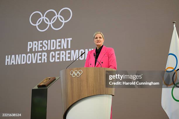 International Olympic Committee President Kirsty Coventry speaks during the International Olympic Committee presidential handover ceremony at Olympic...