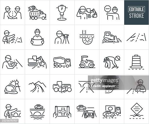illustrations, cliparts, dessins animés et icônes de icônes de ligne mince de construction routière - trait modifiable - les icônes incluent un ingénieur civil, projet de construction routière, route, autoroute, ouvrier du bâtiment, équipement de construction, réparation de routes, entretien des rout - voie urbaine
