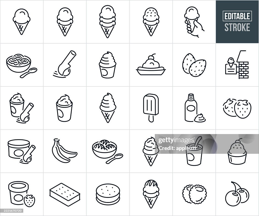 Ice Cream Thin Line Icons - Editable Stroke - Icons Include Frozen Dessert, Ice Cream Cone, Ice Cream Toppings, Fruit, Ice Cream Shop, Frozen Yogurt, Banana Split, Soft Serve Ice Cream, Bowl Of Ice Cream, Ice Cream Sandwich