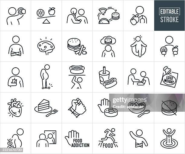 food addiction thin line icons - editable stroke - icons include an overweight person, eating addiction, unhealthy food, unhealthy lifestyle, obesity, junk food, sweets, fast food, diet, exercise - low self esteem stock illustrations