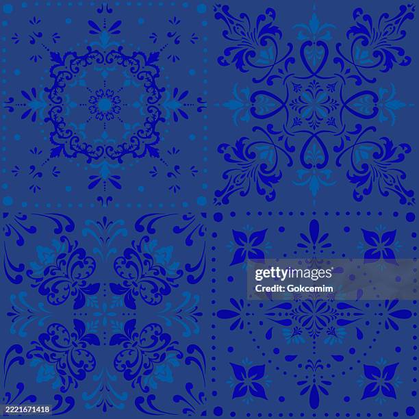 seamless vector tile pattern, lisbon arabic floral mosaic, mediterranean seamless navy blue ornament. ceramic tile. portuguese, sicilian, spanish tile traditional design. backdrop for wrapping paper, wallpaper, fabric, textile. - terrazzo pattern stock illustrations