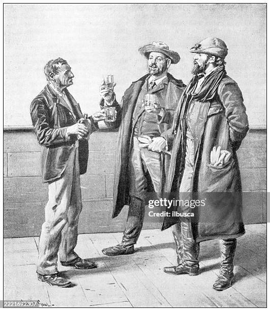 three men drinking - wine tasting group stock illustrations
