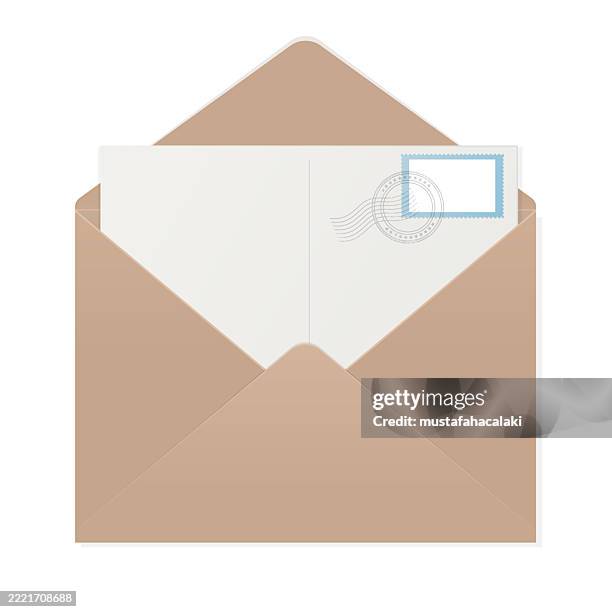 blank postcard in a brown envelope - opening envelope stock illustrations