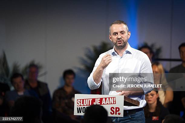 Jimmy Dijk, the new lead candidate for the Socialist Party in the Netherlands' upcoming parliamentary elections, speaks during a party meeting in...