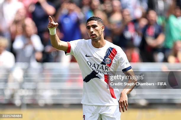 Achraf Hakimi of Paris Saint-Germain celebrates after scoring his team's second goal during the FIFA Club World Cup 2025 group B match between...