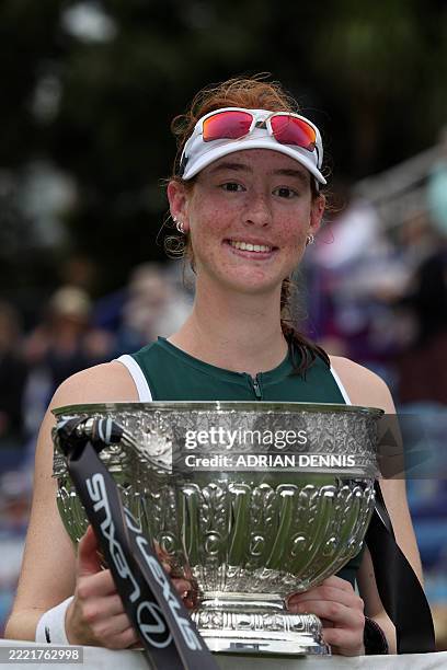 Australia's Maya Joint poses with the trophy after beating Philippines' Alexandra Eala in their women's singles final tennis match on day six of the...