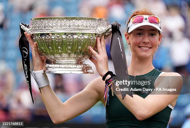 Maya Joint celebrates with the trophy after winning the Women's singles Final during day six of the Lexus Eastbourne Open at Devonshire Park Lawn...