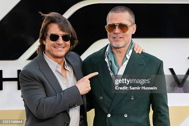 Tom Cruise and Brad Pitt attend the "F1: The Movie" European Premiere at Cineworld Leicester Square on June 23, 2025 in London, England.