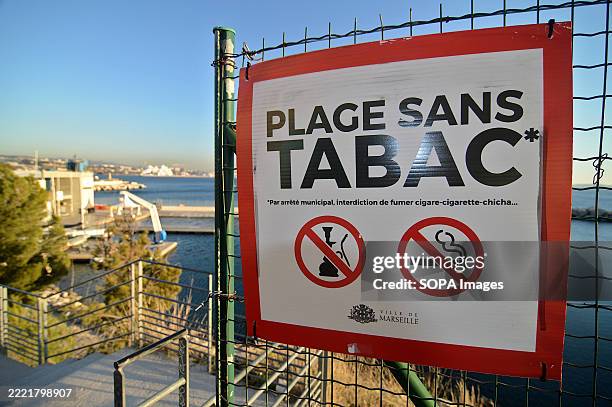 No smoking sign seen on the beach. To strengthen the fight against tobacco and the protection of young people the Ministry of Labor, Health,...