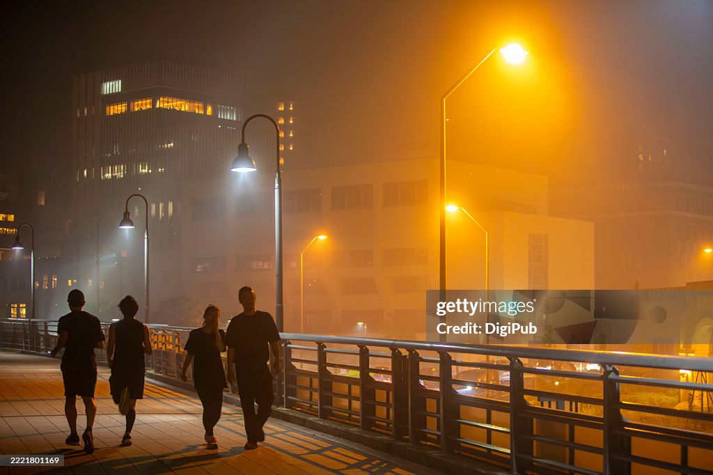 Misty Night on Yokohama's Elevated Walkway with Pedestrians