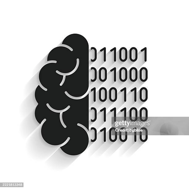 brain with binary code. icon with long shadow on white background - byte concept stock illustrations