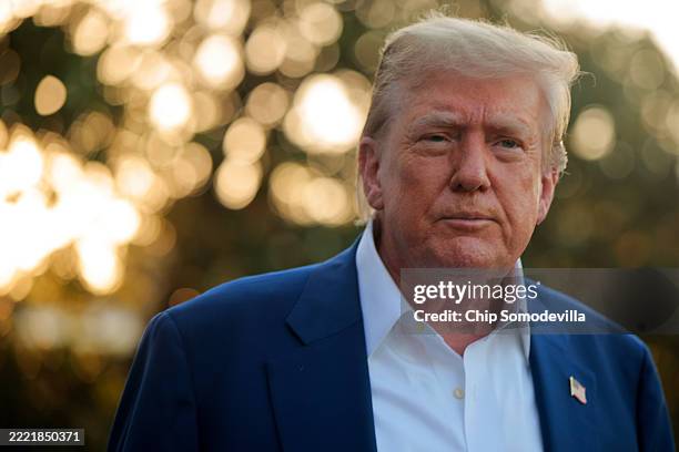 President Donald Trump speaks to reporters before boarding the Marine One presidential helicopter and departing the White House on June 24, 2025 in...