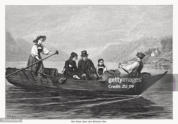 boat trip across lake brienz, switzerland, wood engraving, published 1876 - barge stock illustrations