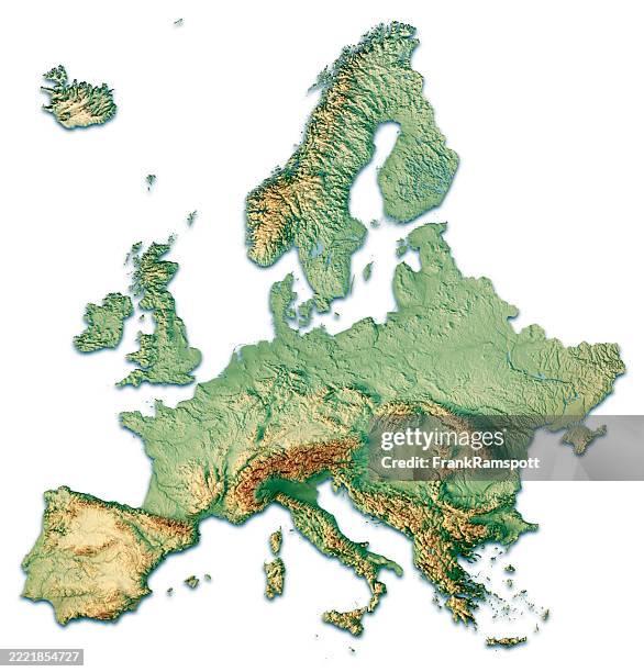 europa 3d-rendering topographische karte farbe isoliert - westeuropa stock-fotos und bilder